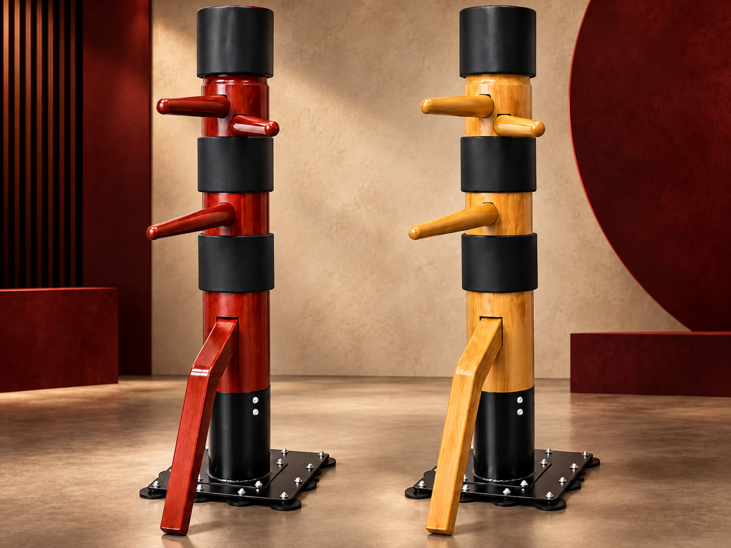 หุ่นไม้ Wing Chun ไม้เอล์ม สีไม้แดงเข้มและสีไม้ธรรมชาติ